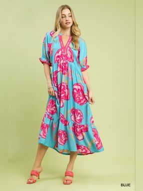 Umgee Floral Print Midi Dress with Contrast Trim